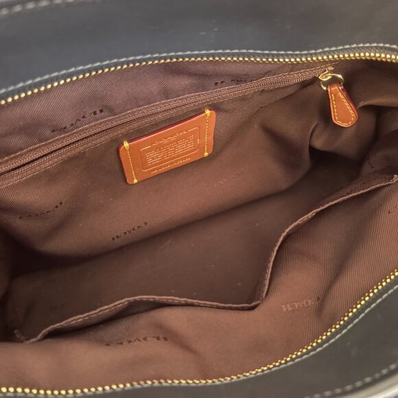 Coach Dark Denim Tote Navy and Burgandy Leather Gold Hardware 2020 with Hang Tag - Picture 10 of 12